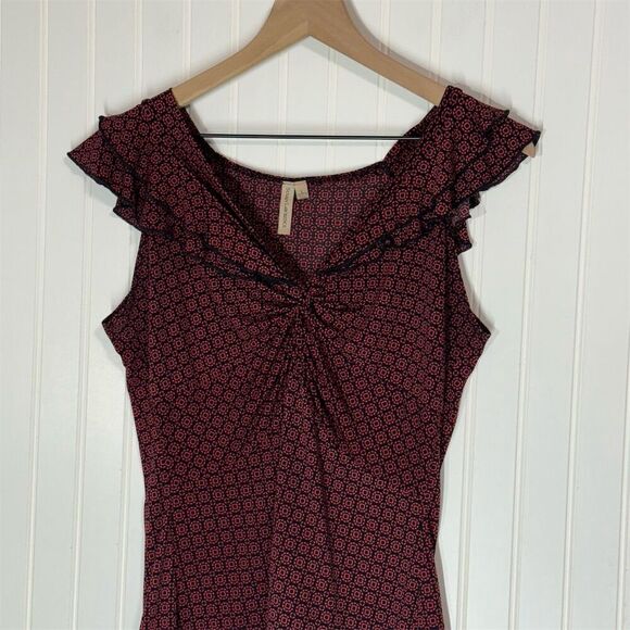 Susan Lawrence Ruffle Twist Front Top L Geo Print Sleeveless Knit USA Made - Picture 2 of 7